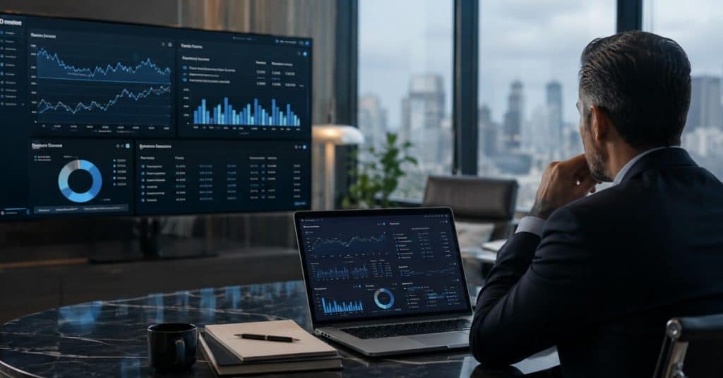 What Are AI Agents and How Will They Change UK Businesses? Autonomous AI agent software architecture dashboard analyzing enterprise operational data for a UK business.