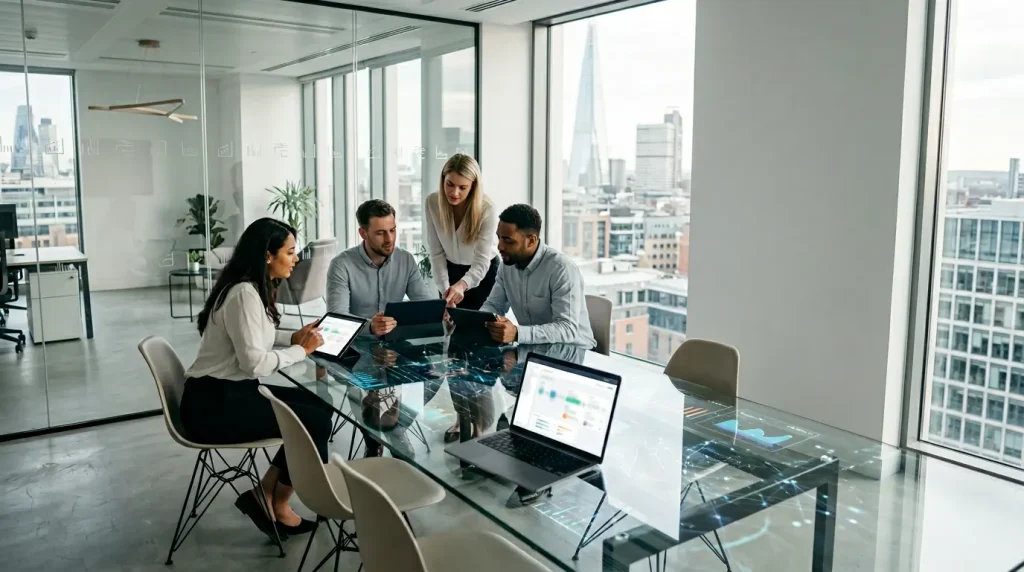 UK business compliance executives reviewing AI regulatory frameworks and data protection guidelines in a modern London office.