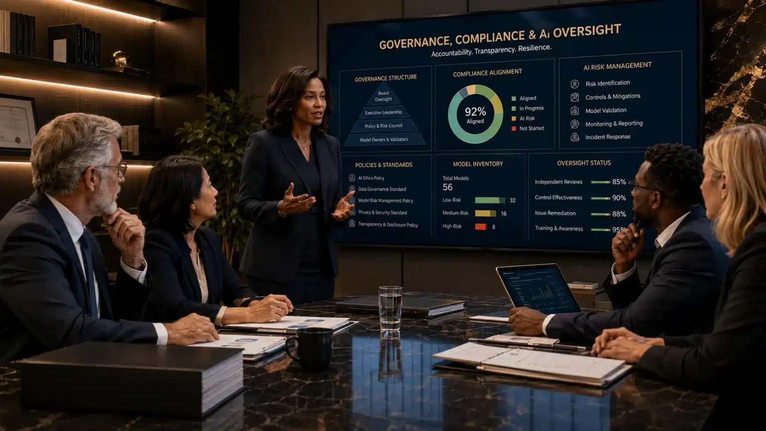 UK business executives reviewing corporate AI governance and compliance risks in a London office. ai mistakes uk businesses 2026