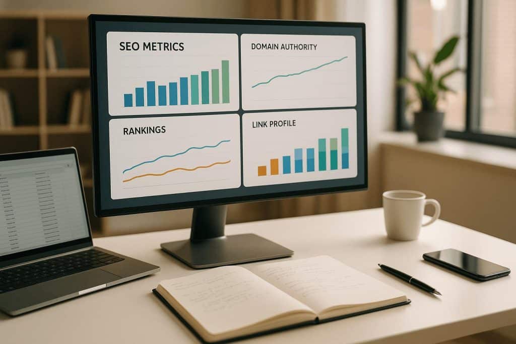 SEO specialist reviewing backlink quality and referring website metrics on a computer