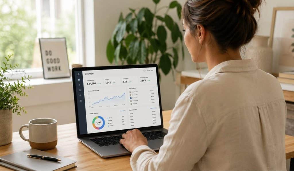 Small business owner reviewing website performance and SEO analytics on a laptop - SEO strategies for small businesses
